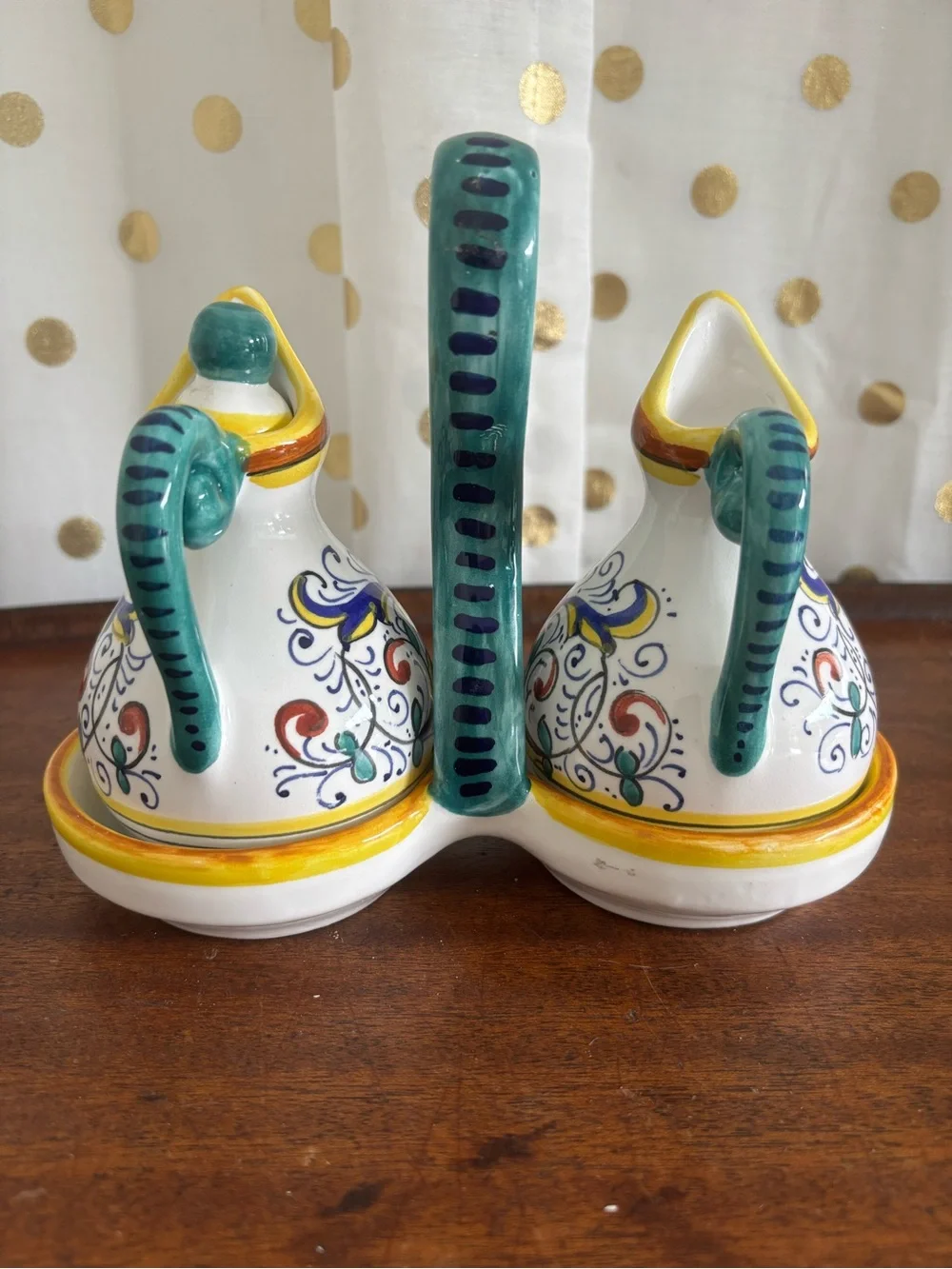 Ricco Deruta Italian Oil and Vinegar Cruet Set W Caddy Hand Painted Mediteranean